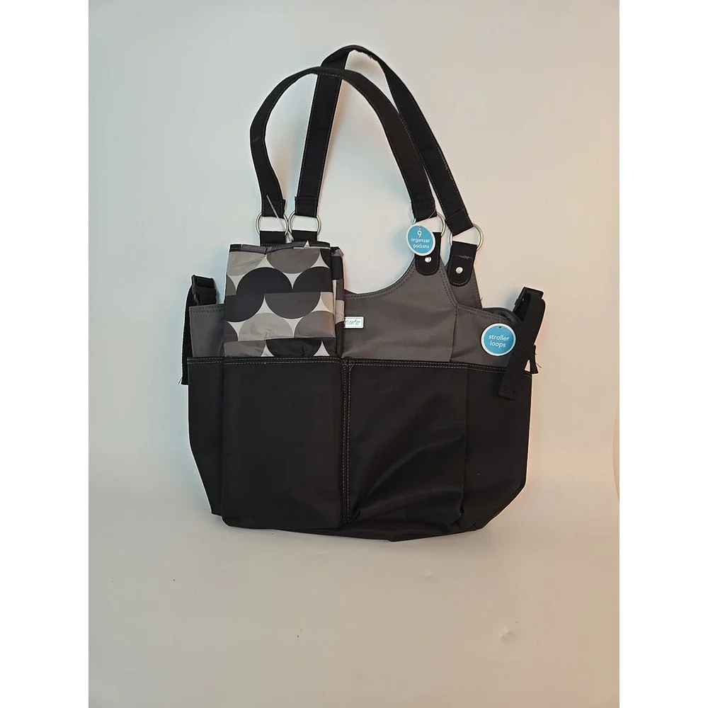 Carters 9 Pocket Diaper Bag Baby Black w/ Stroller Clips 15x11x5 Waterproof New